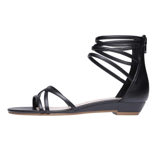 Ankle Strap Classic Low Wedge Sandals - BLACK PU - 3